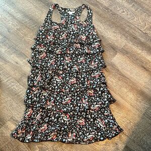 Xhilaration Women’s Size Small Ruffle Tiered Mini Dress, black and floral